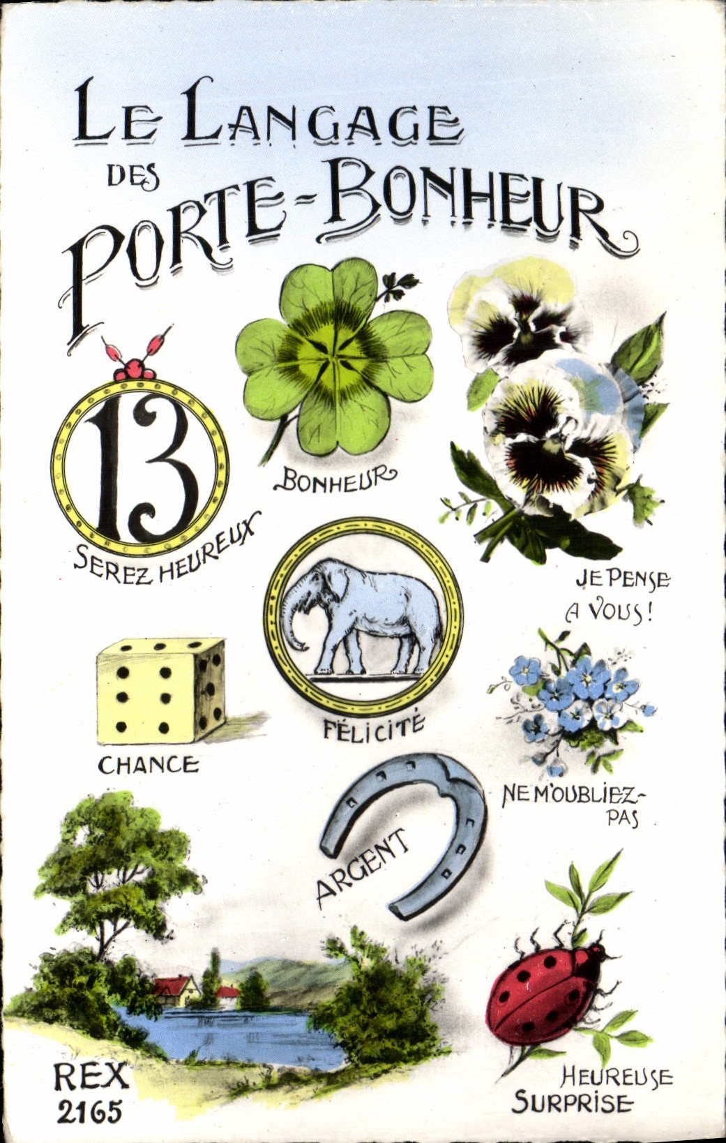 CPA Fantaisie Fleurs Le langage des Porte Bonheur Elephant Trefle Fer a cheval De 