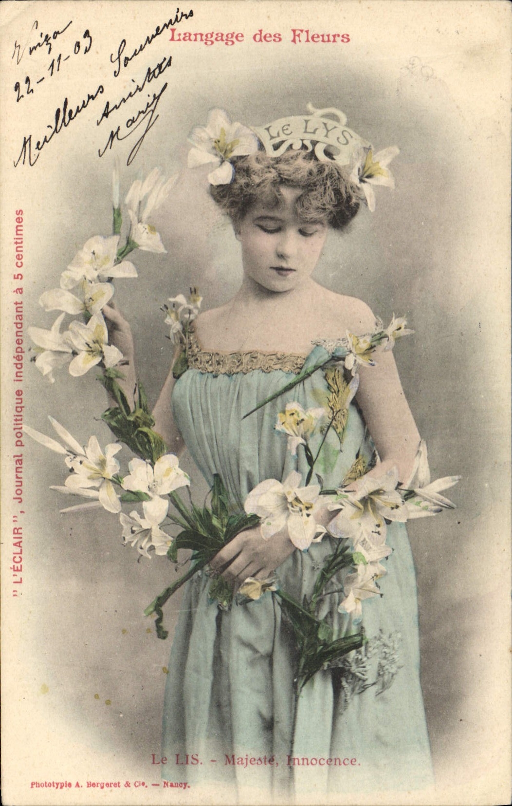 Vintage Postcard Fantasy the language of the Flowers the Lily Majesty Innocence