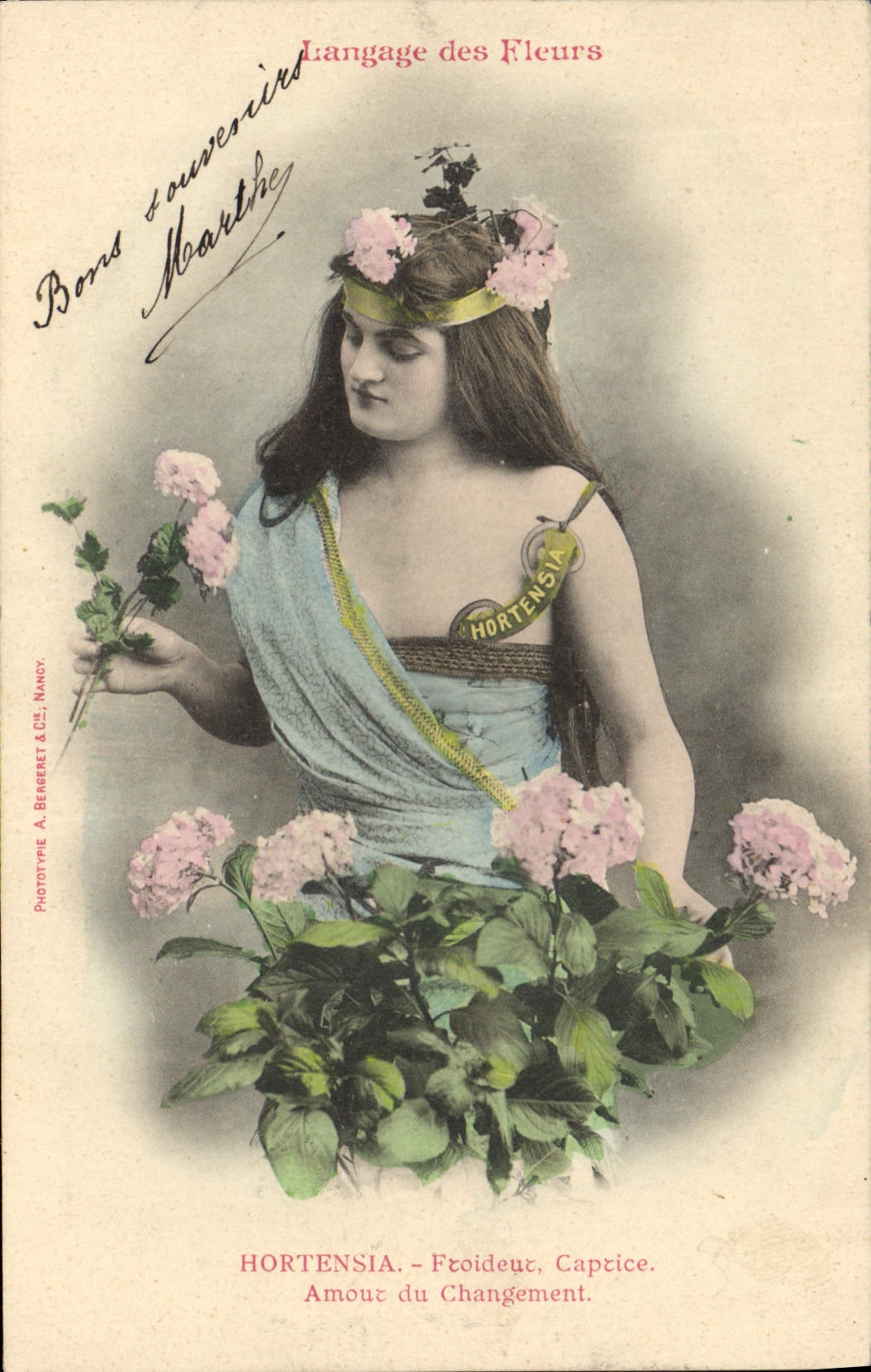 CPA Fantaisie Le langage des Fleurs Hortensia Froideur Caprice Amour du changement 
