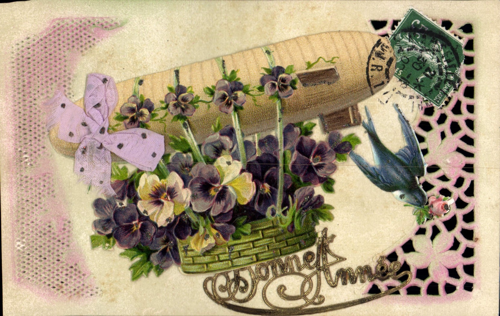 CPA Fantaisie Fleurs Zeppelin Dirigeable