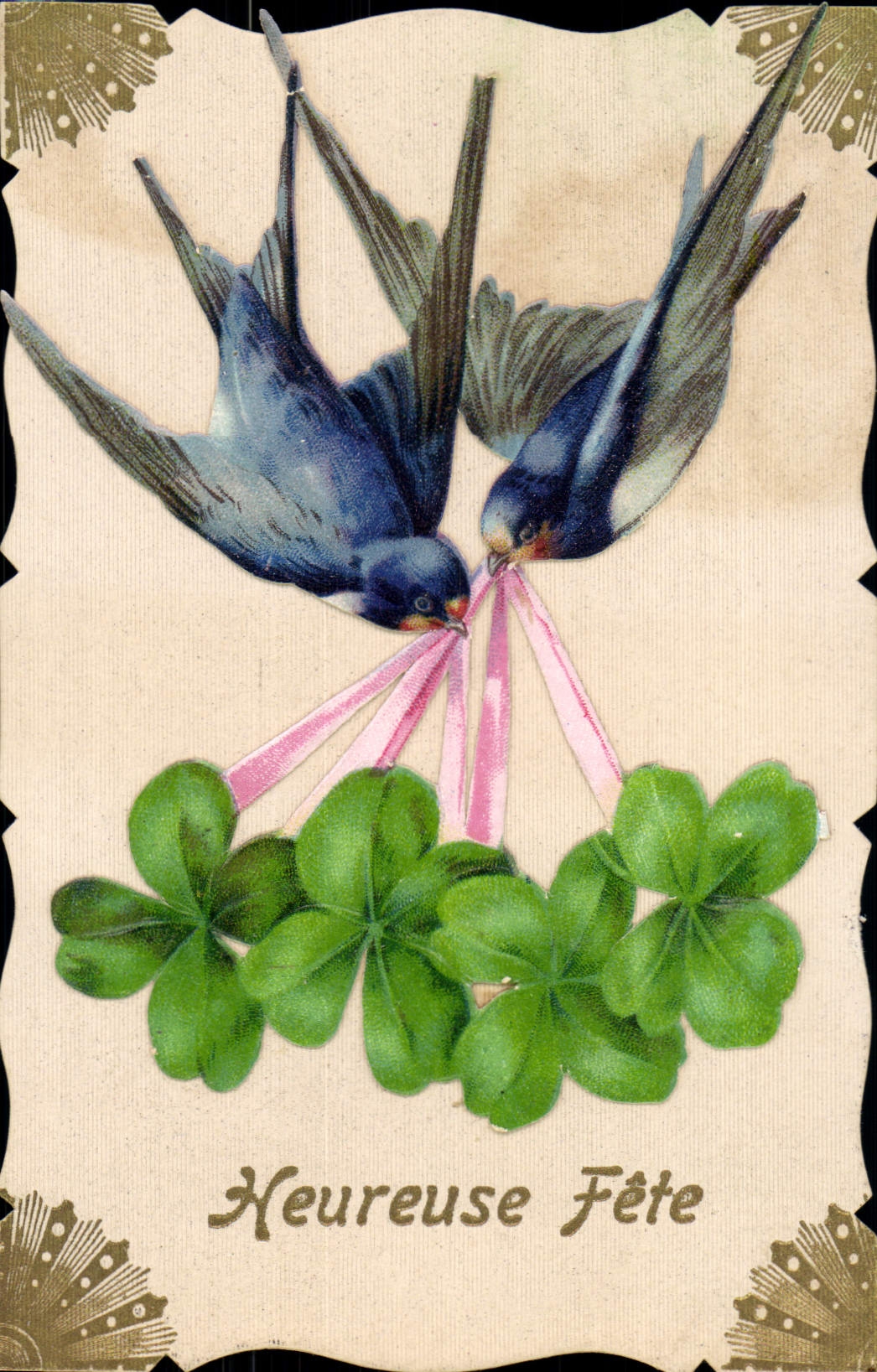 Vintage Postcard Fantasy Flowers Swallows Clover