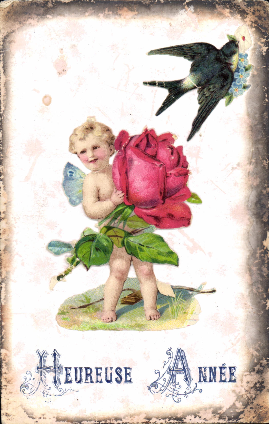 Vintage Postcard Fantasy Flowers Angel Swallow