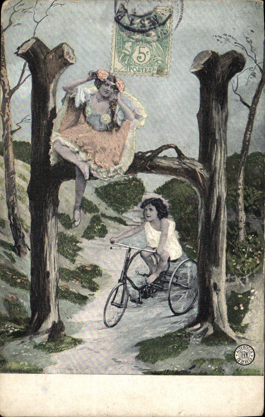 Vintage Postcard Fantaisie Woman Letters Letter H Bicycle Cycles Child