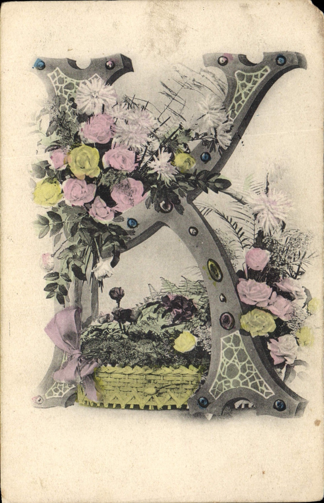 CPA Fantaisie Fleurs Lettres Lettre K