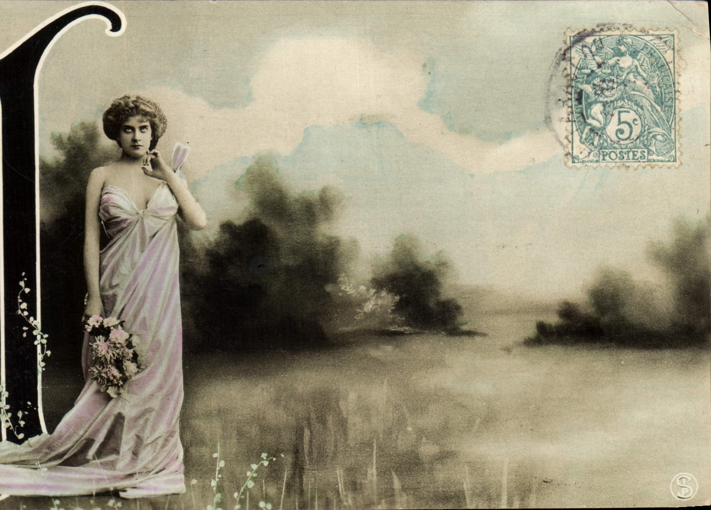 Vintage Postcard Fantasy Woman Letters Letter L