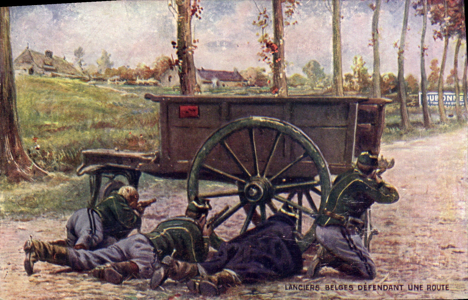 CPA Militaria Lanciers belges defendant une route 