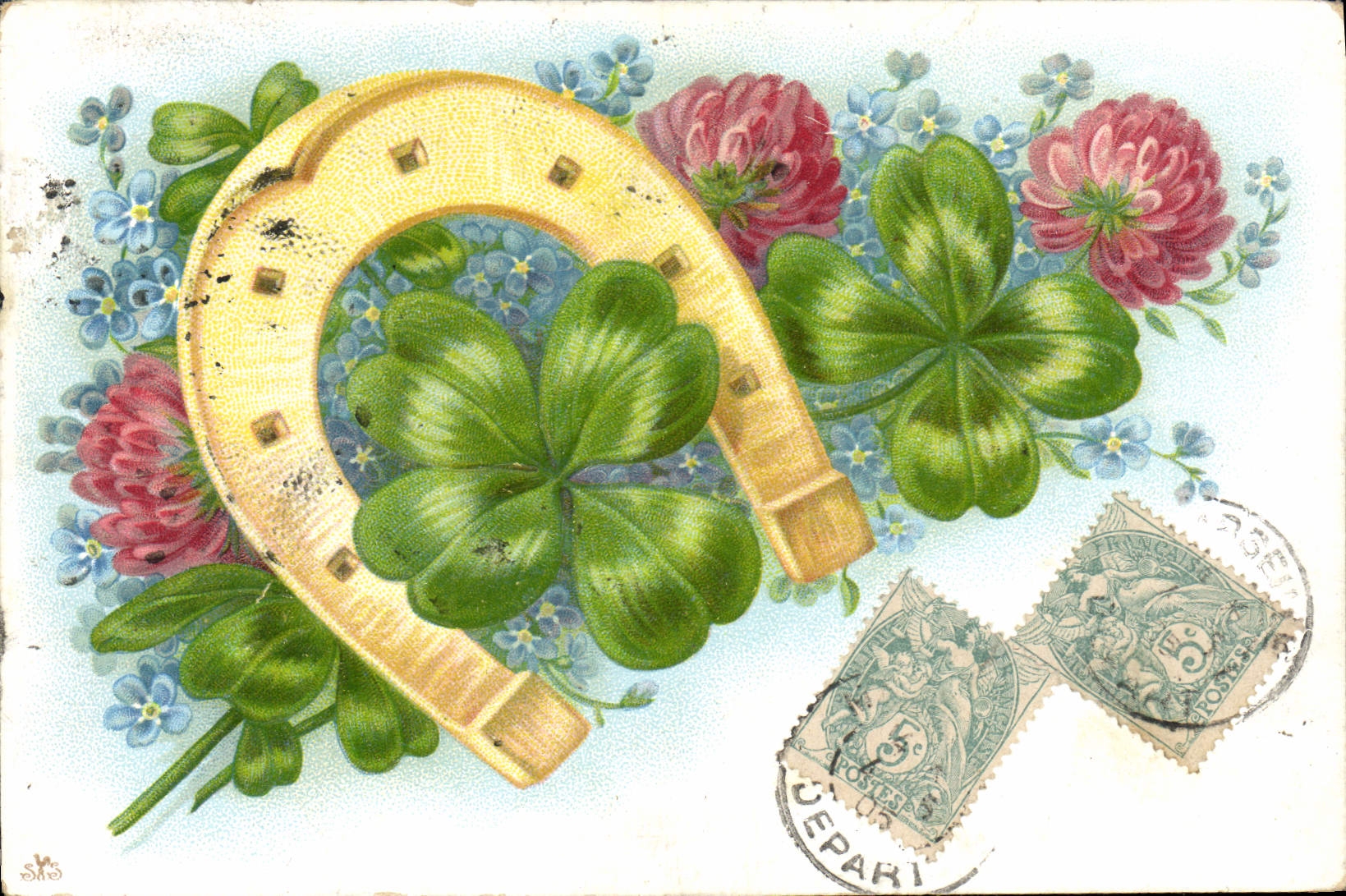 CPA Fantaisie Fleurs Fer a cheval Trefle 