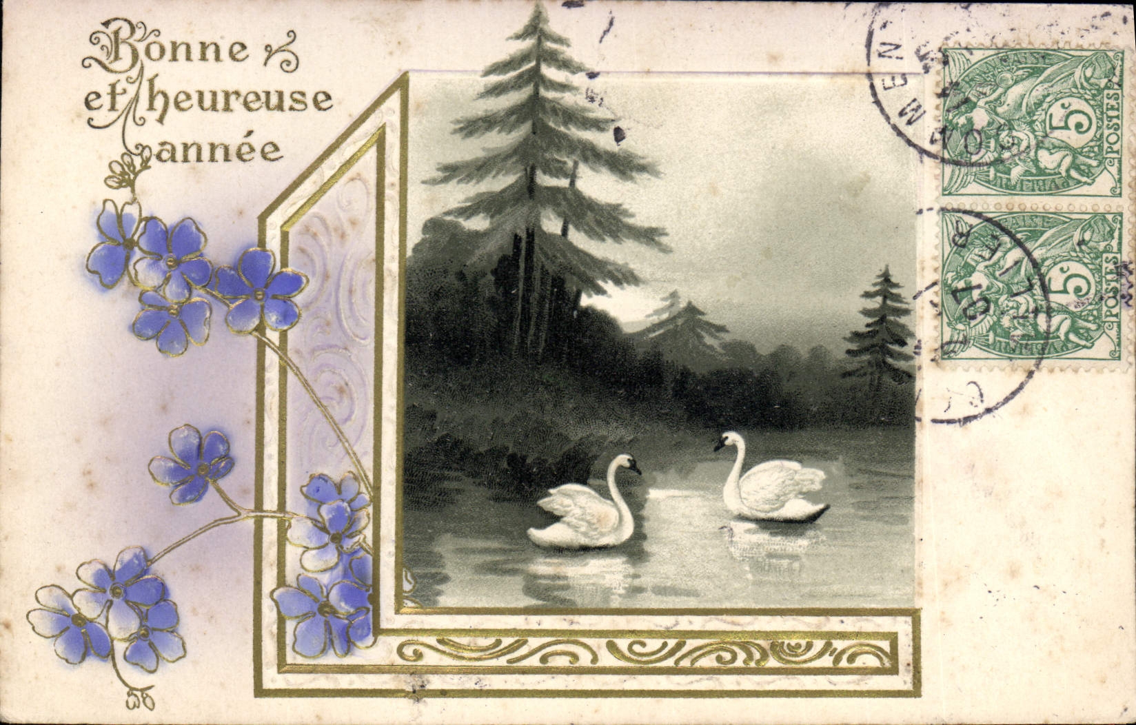CPA Fantaisie Fleurs Cygnes 