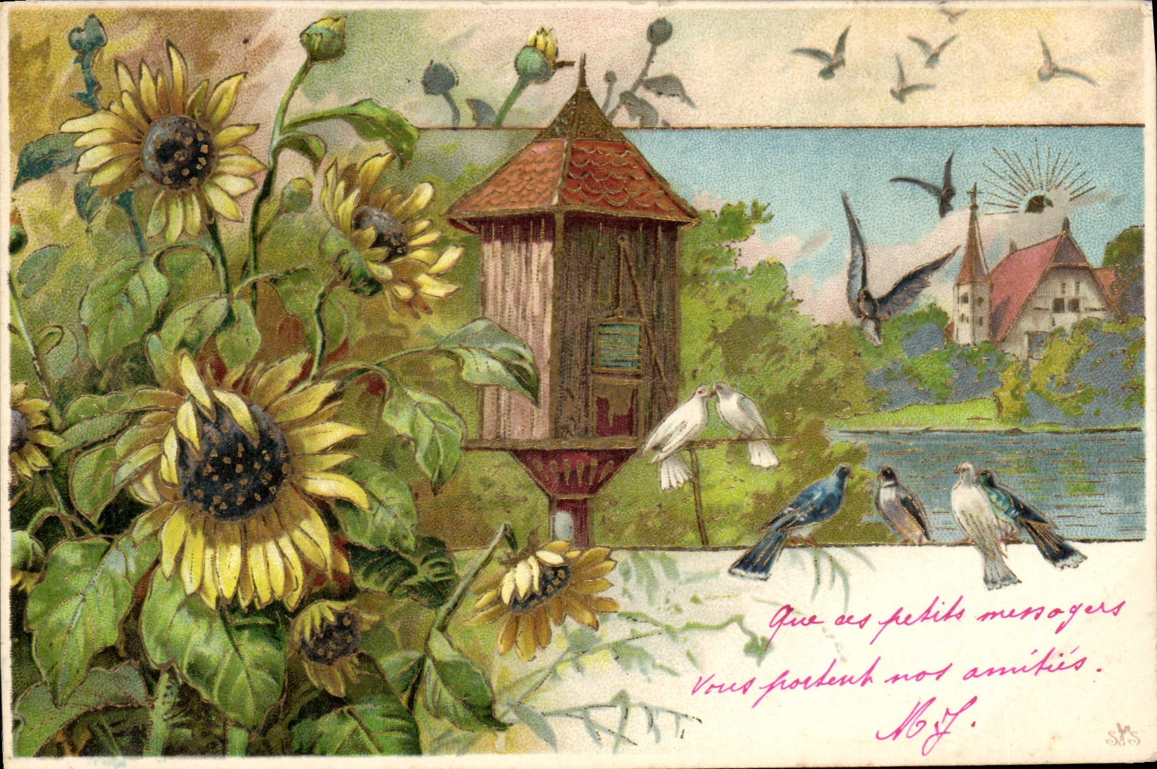 Vintage Postcard Fantasy Flowers Birds Doves