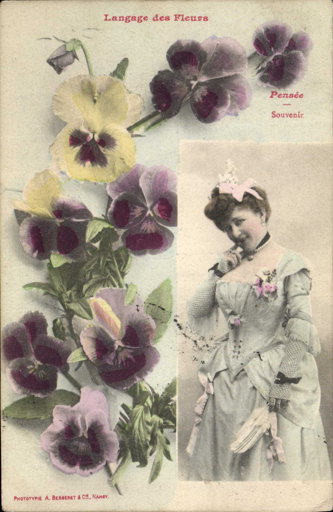 CPA Fantaisie Langage des Fleurs Femme Pensee