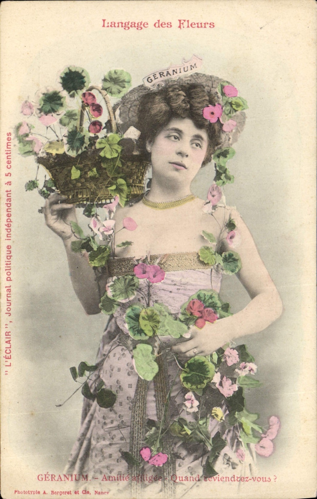 Vintage Postcard Fantasy Language of the Flowers Geranium Woman