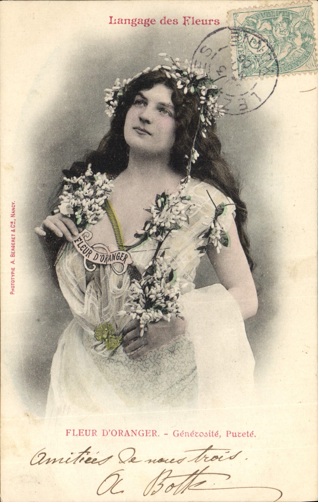 Vintage Postcard Fantasy Language of the Flowers Fleur of orange tree Woman
