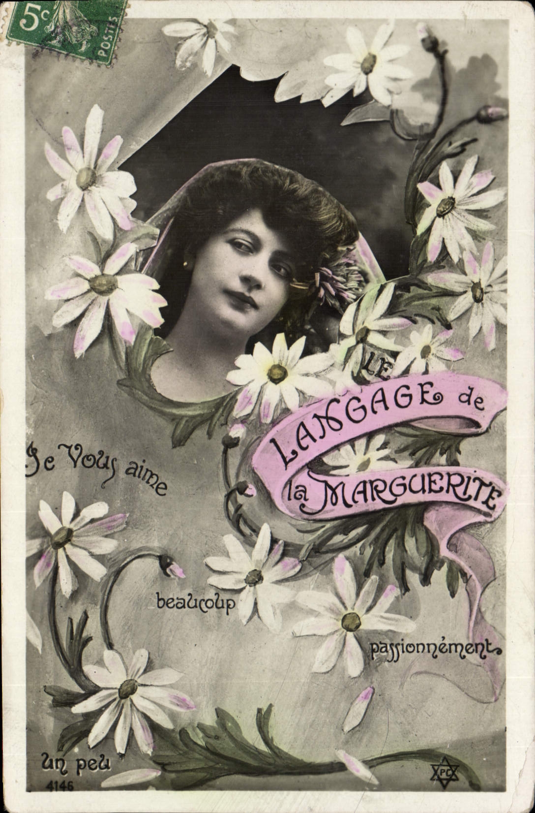 Vintage Postcard Fantasy Language of the Flowers Marguerite Woman