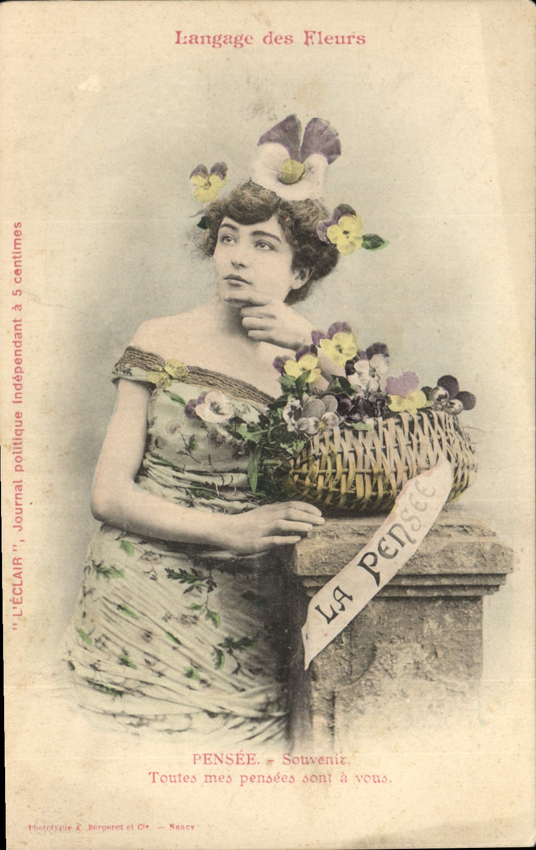 CPA Fantaisie Langage des Fleurs Pensee Femme