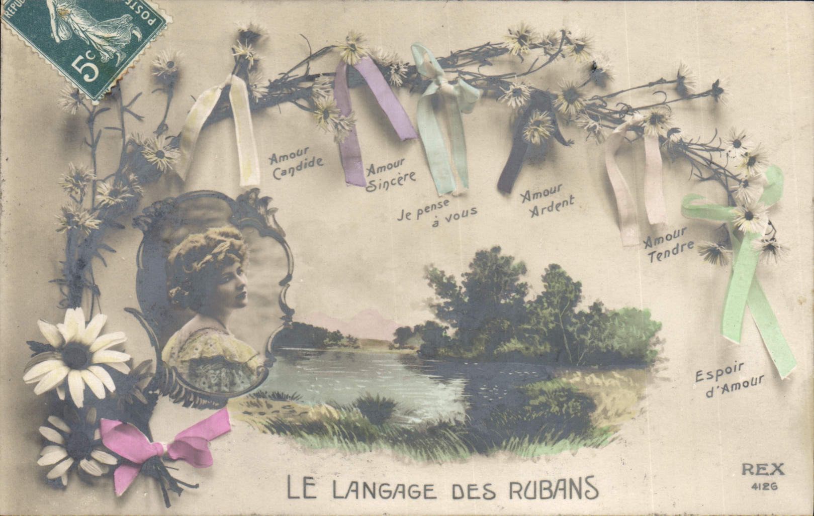 CPA Fantaisie Langage des Rubans Femme Fleurs 