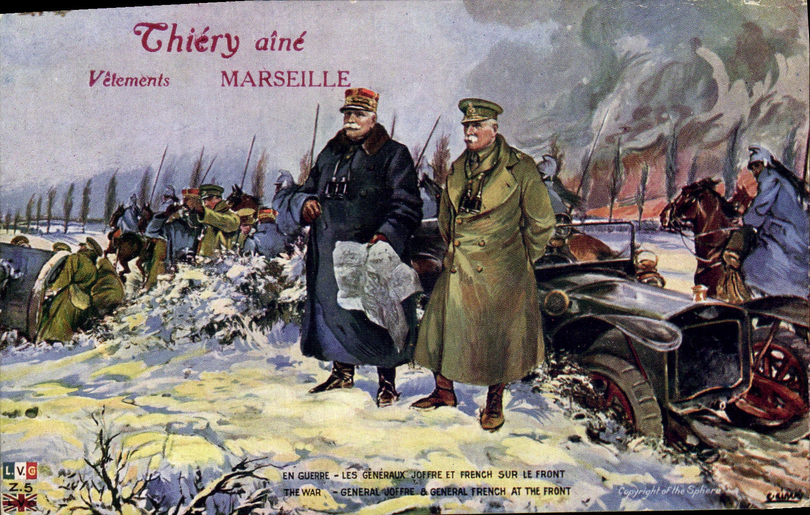 Postal Militaria el general Joffre y French sobre el frente Thiery Ingle Prendas de vestir Marsella