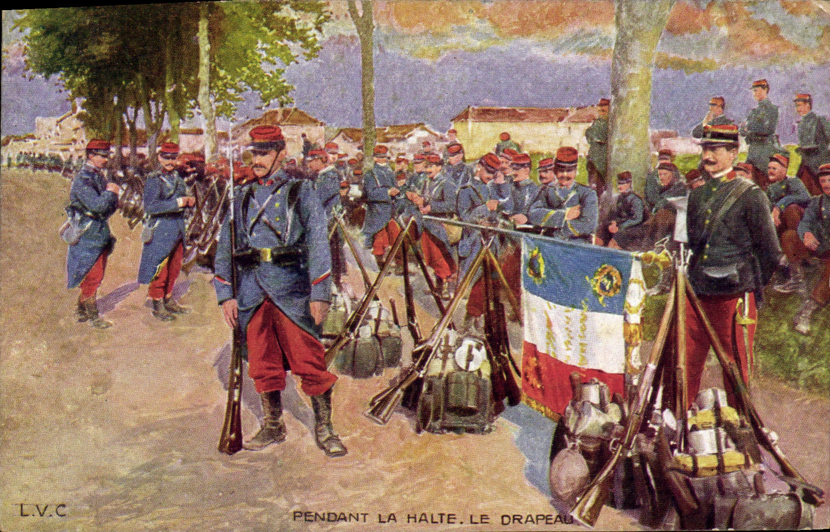 CPA Militaria Pendant la halte Le drapeau