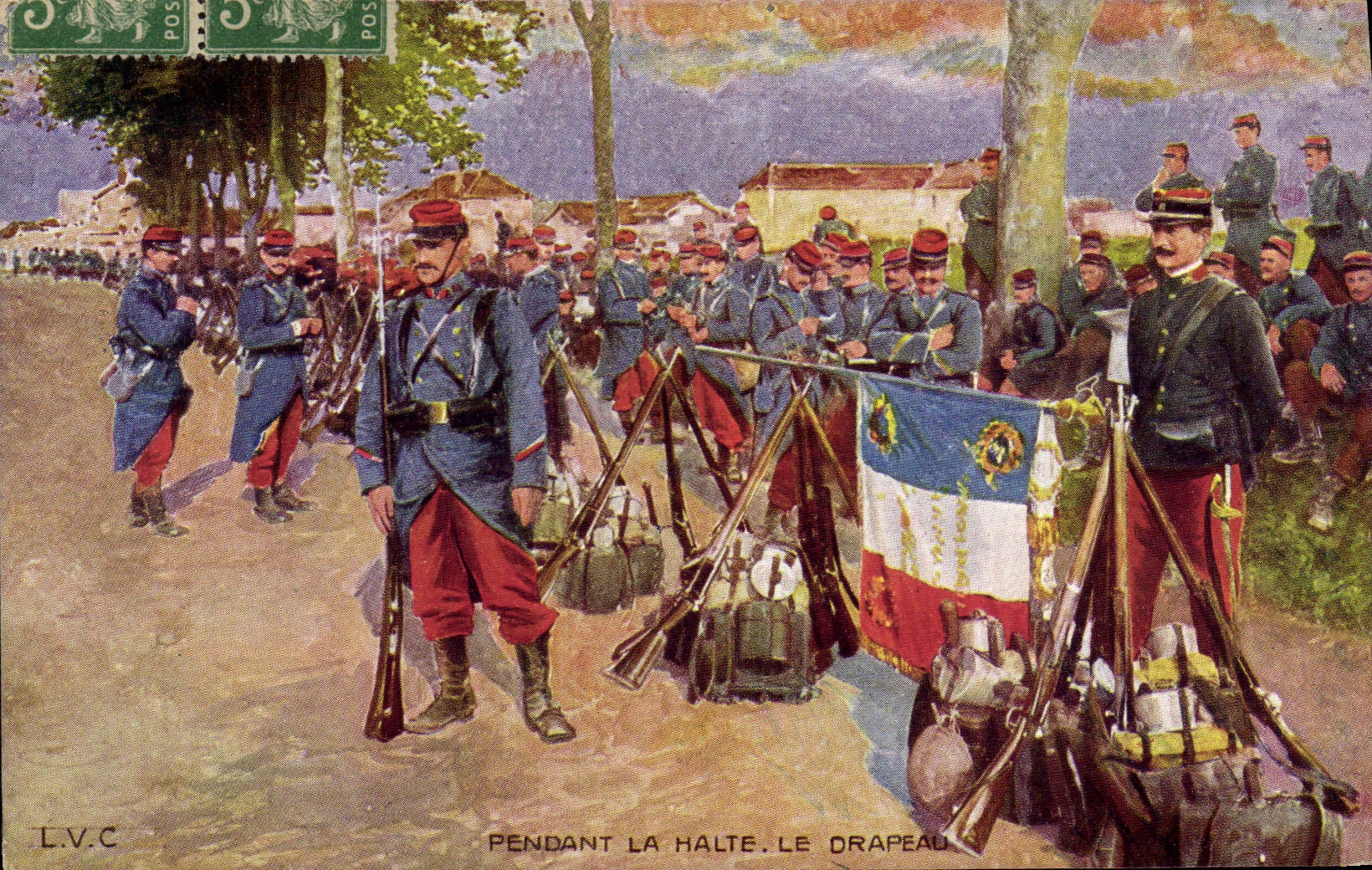CPA Militaria Pendant la halte Le drapeau