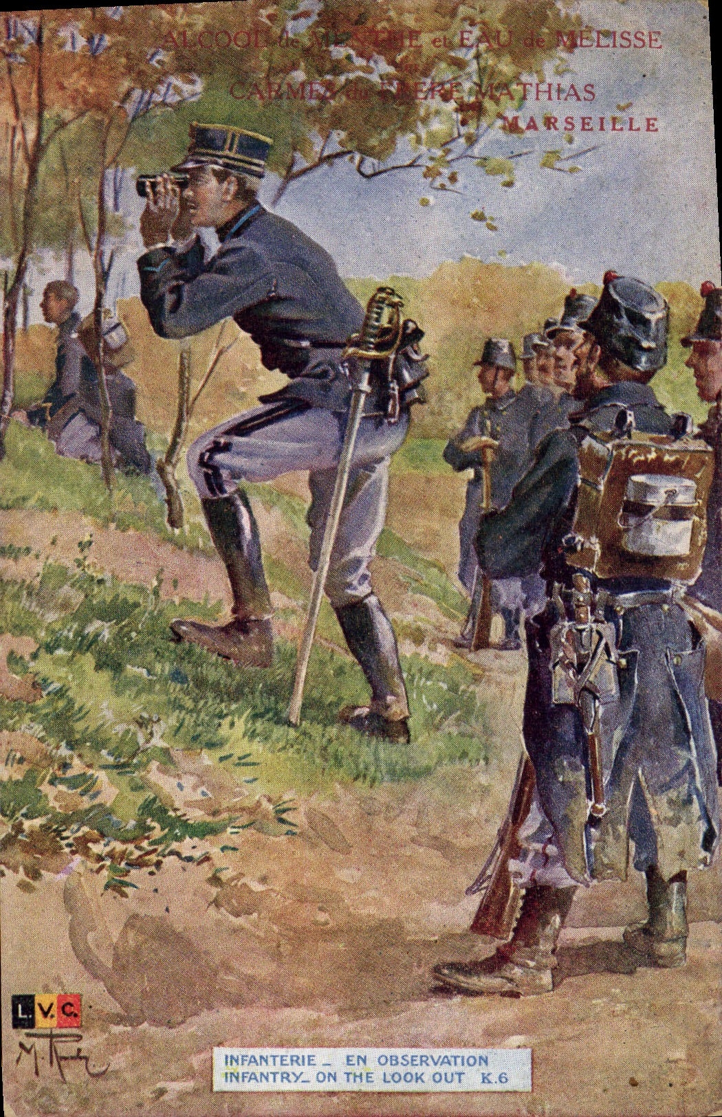 Postal Militaria Infantería en observación Publicidad Alcohol de hierbabuena y agua de toronjil Carmes del Hermano Mathias Marseille