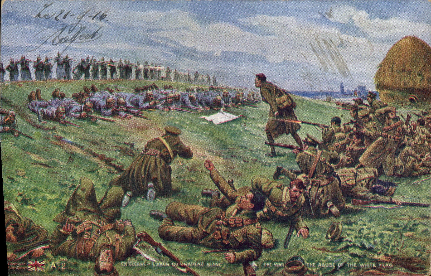 CPA Militaria L'abus du drapeau blanc