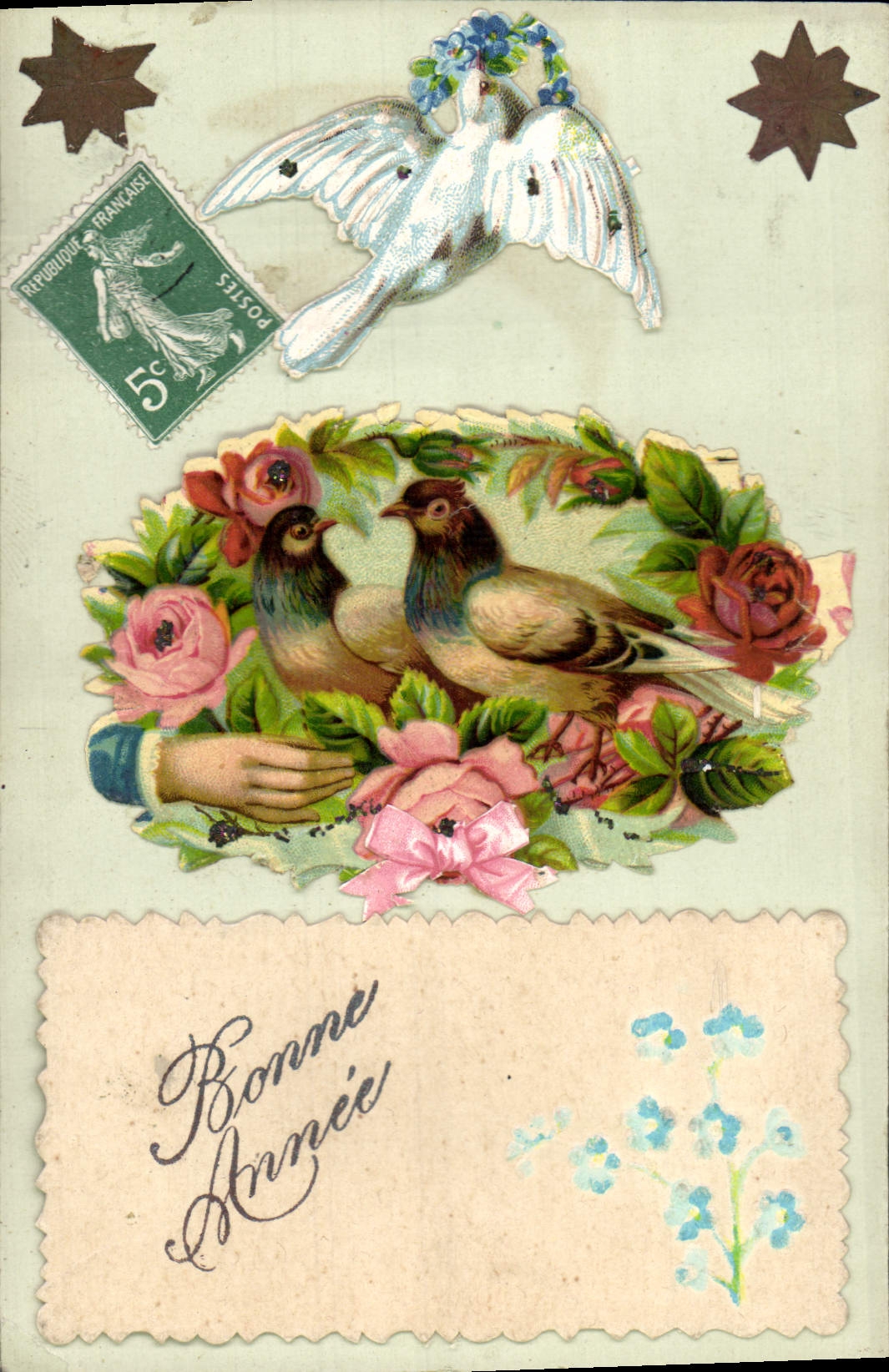Vintage Postcard Fantasy Flowers Birds Dove
