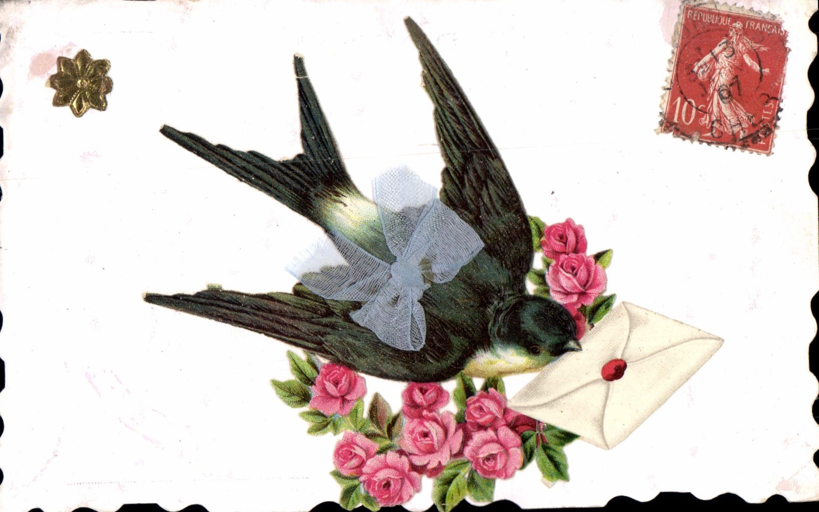 CPA Fantaisie Fleurs Hirondelle 