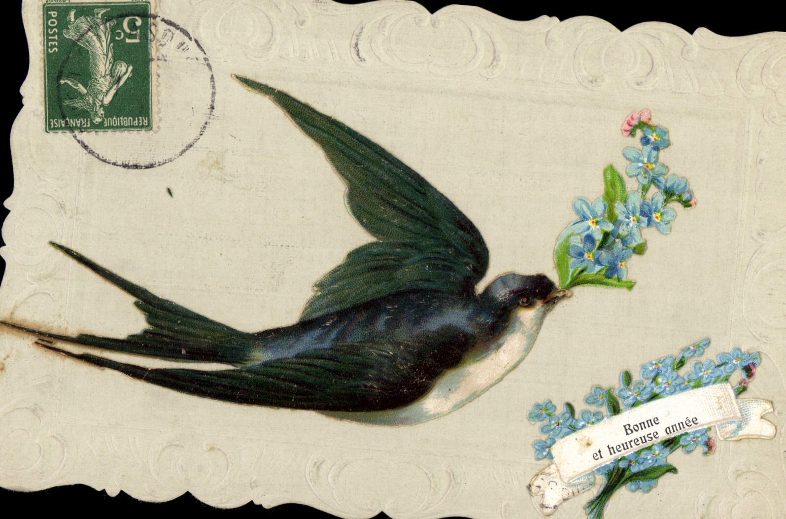 CPA Fantaisie Fleurs Hirondelle 