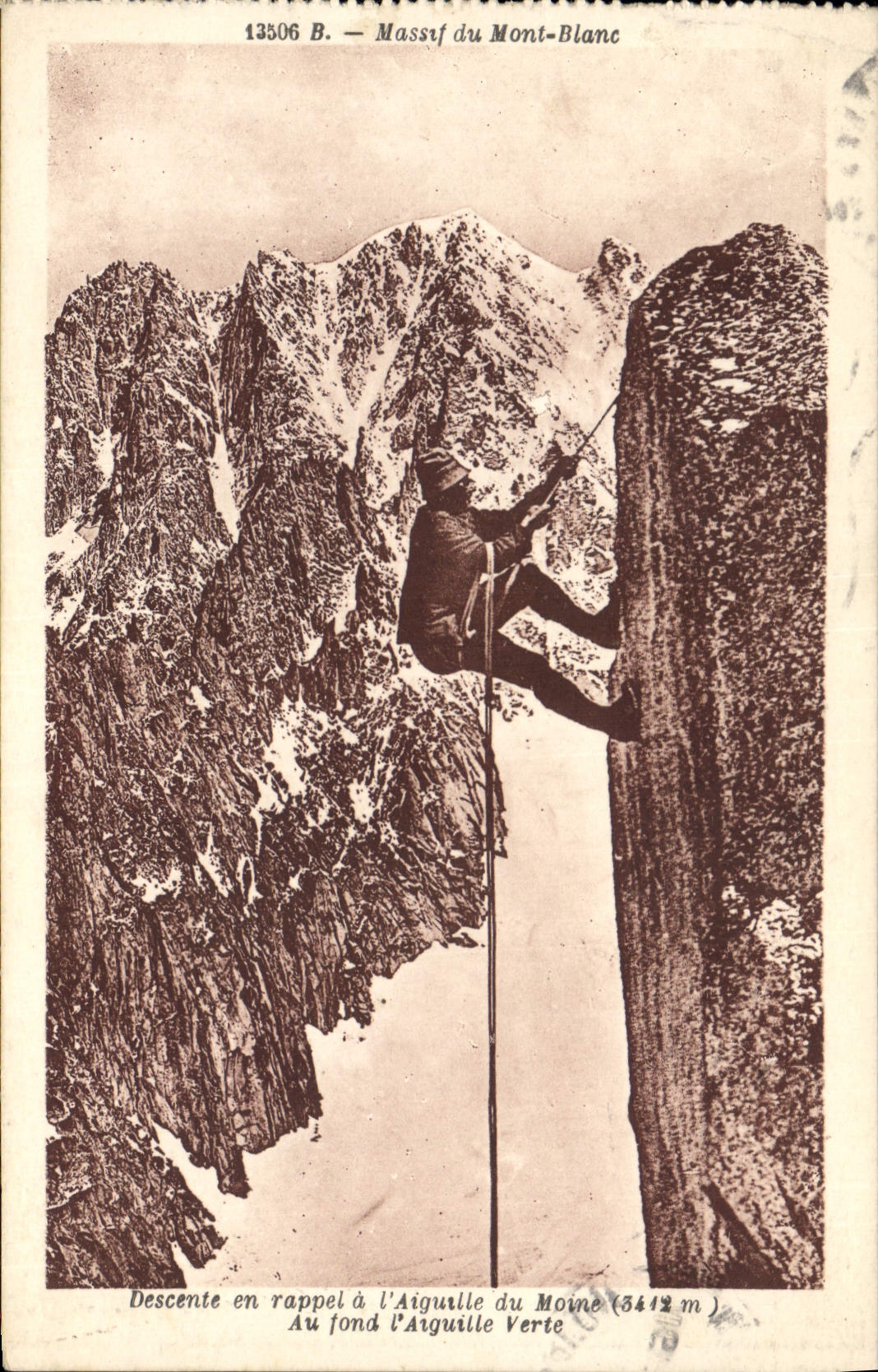 Vintage Postcard Massive Alpinisme of Mont Blanc Abseil has the needle of the Monk At the bottom the green needle