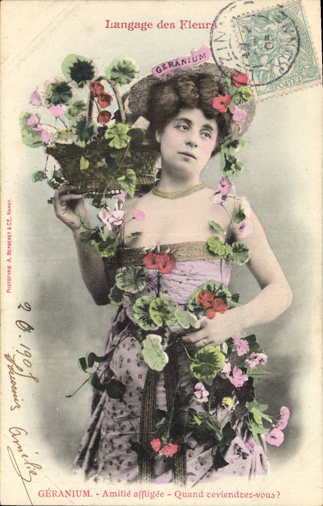 Vintage Postcard Fantasy the language of the Flowers Geranium