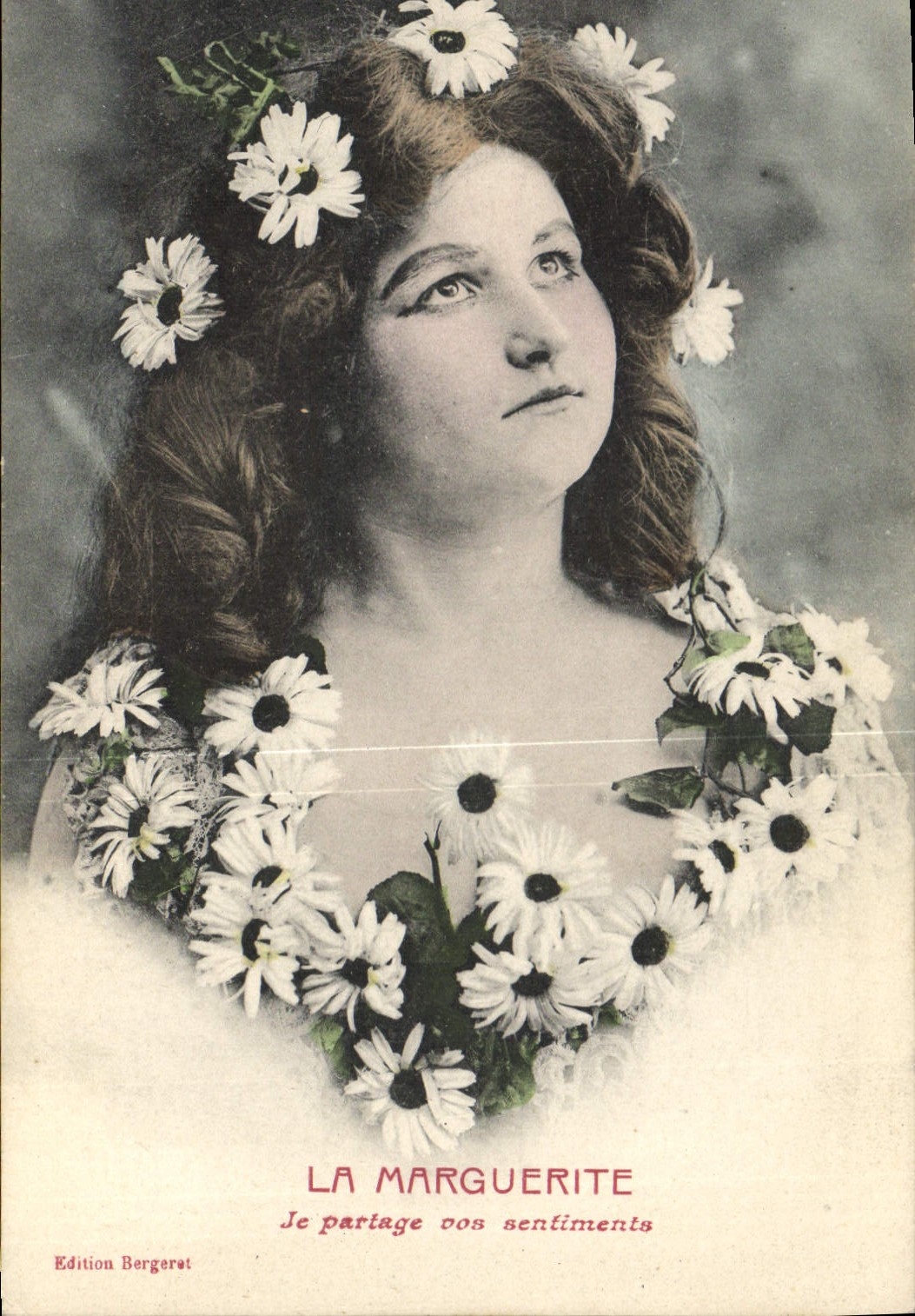 Vintage Postcard Fantaisie Flowers Woman the Marguerite I share your feelings