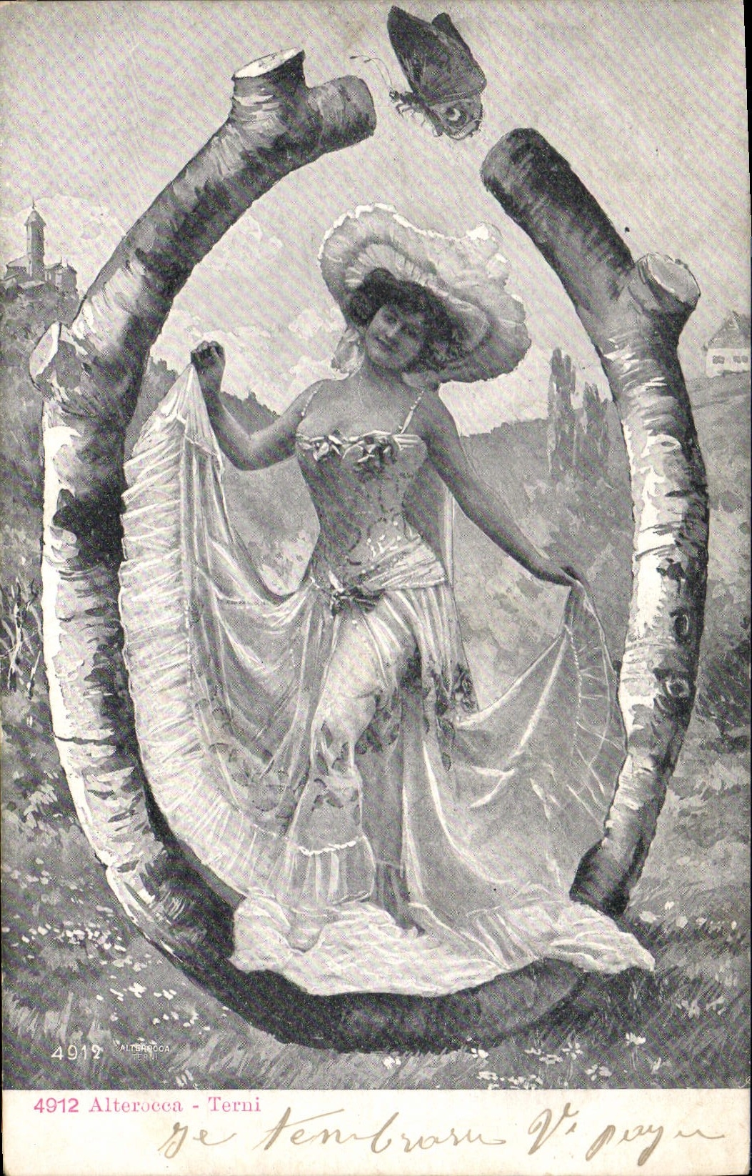 Vintage Postcard Fantasy Woman Letters Letter O Butterfly