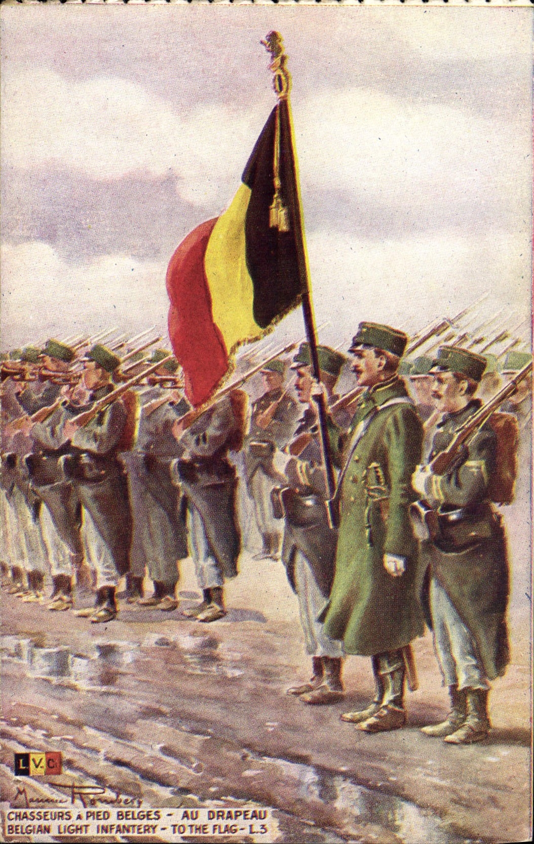 CPA Militaria Chasseurs a pied belges Au drapeau