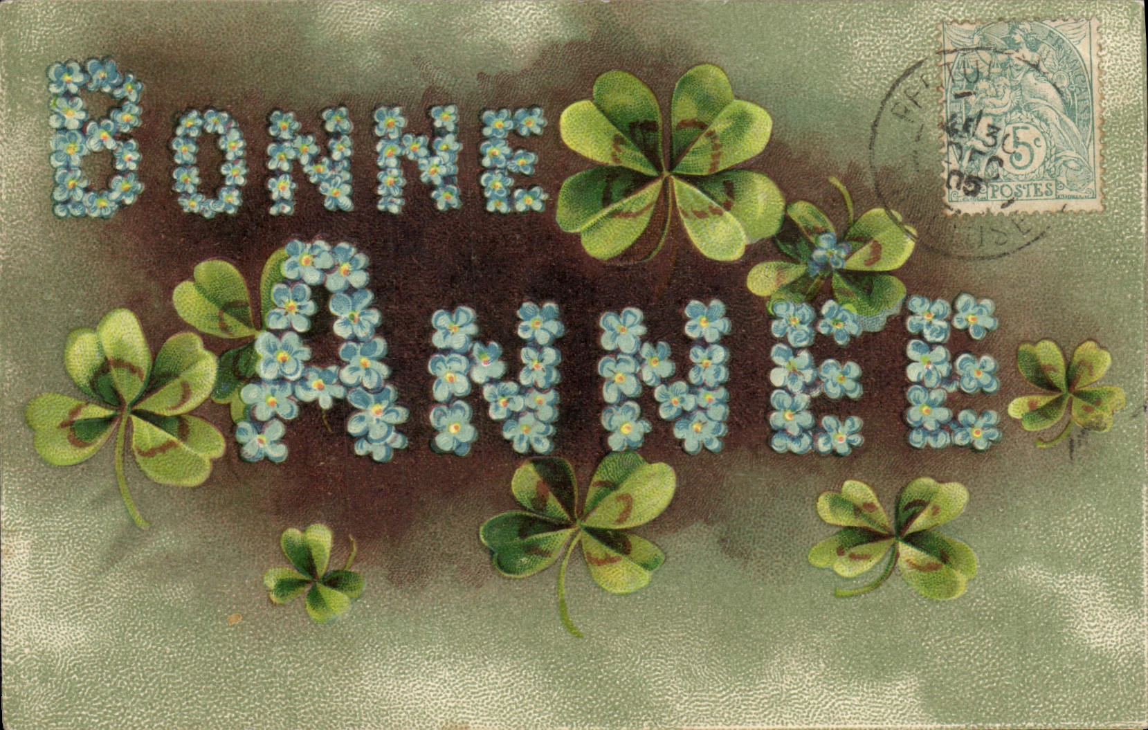 Vintage Postcard Fantasy Flowers Happy new year Clover