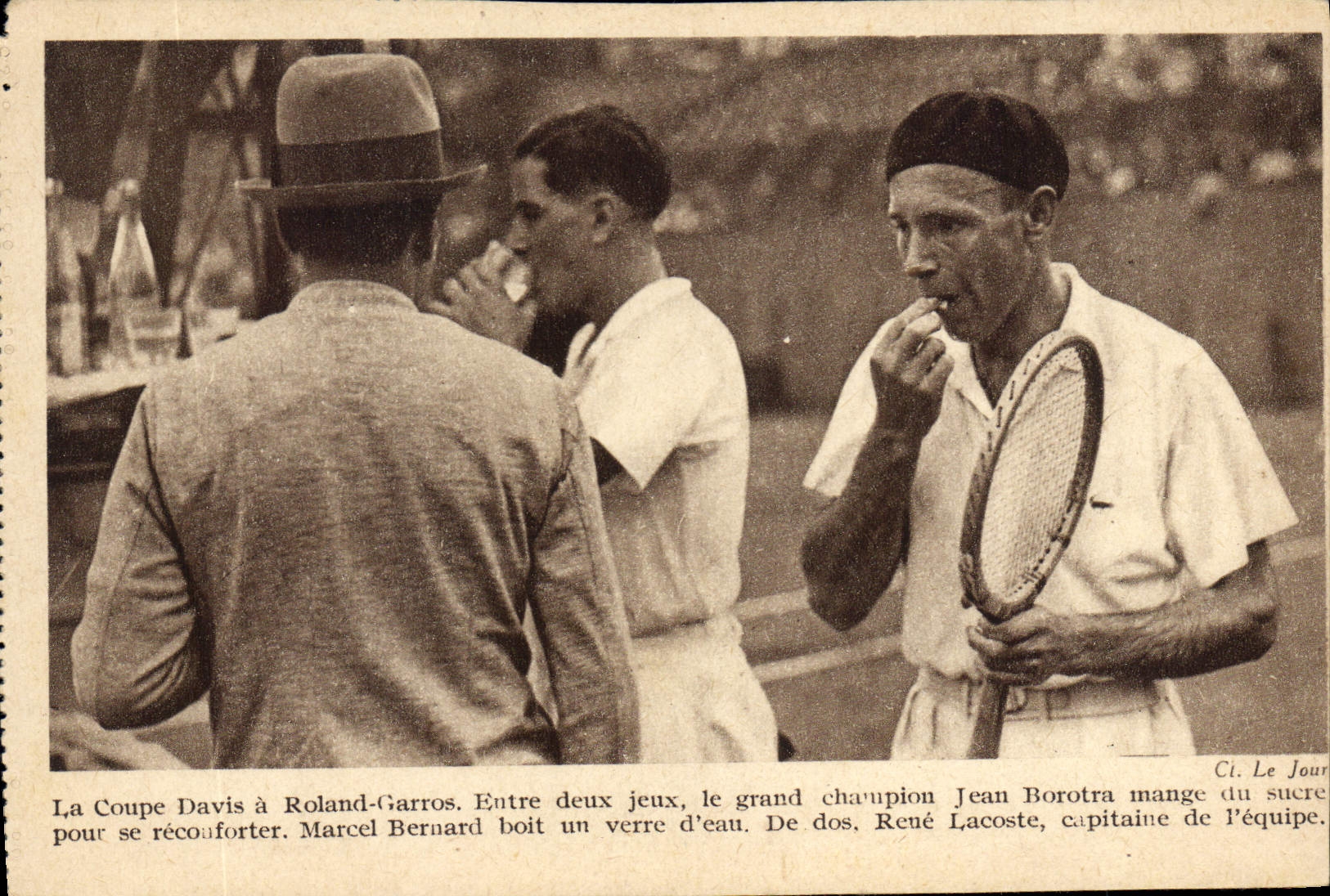 Vintage Postcard Tennis Tennis the Coupe Davis has Roland Garros Jean Borotra eats sugar Marcel Bernard drinks water René Lacoste glass