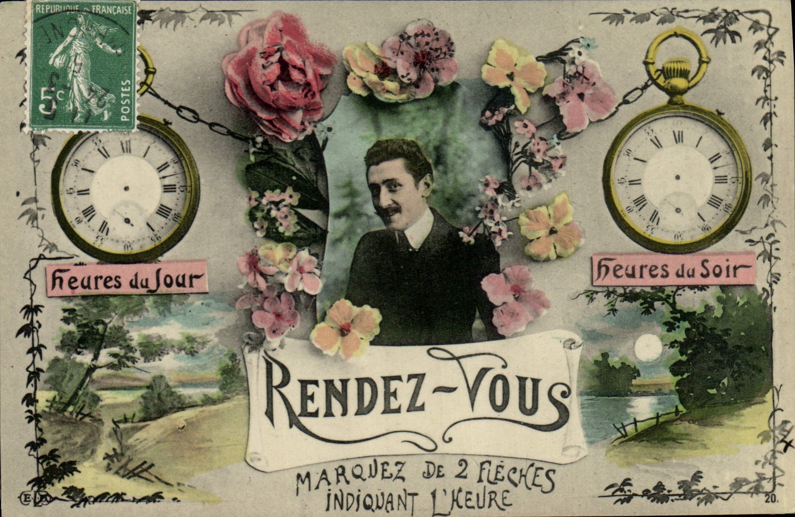 Postal Fantasia vuelven Horas del día Horas de la noche Reloj le tiene soporte