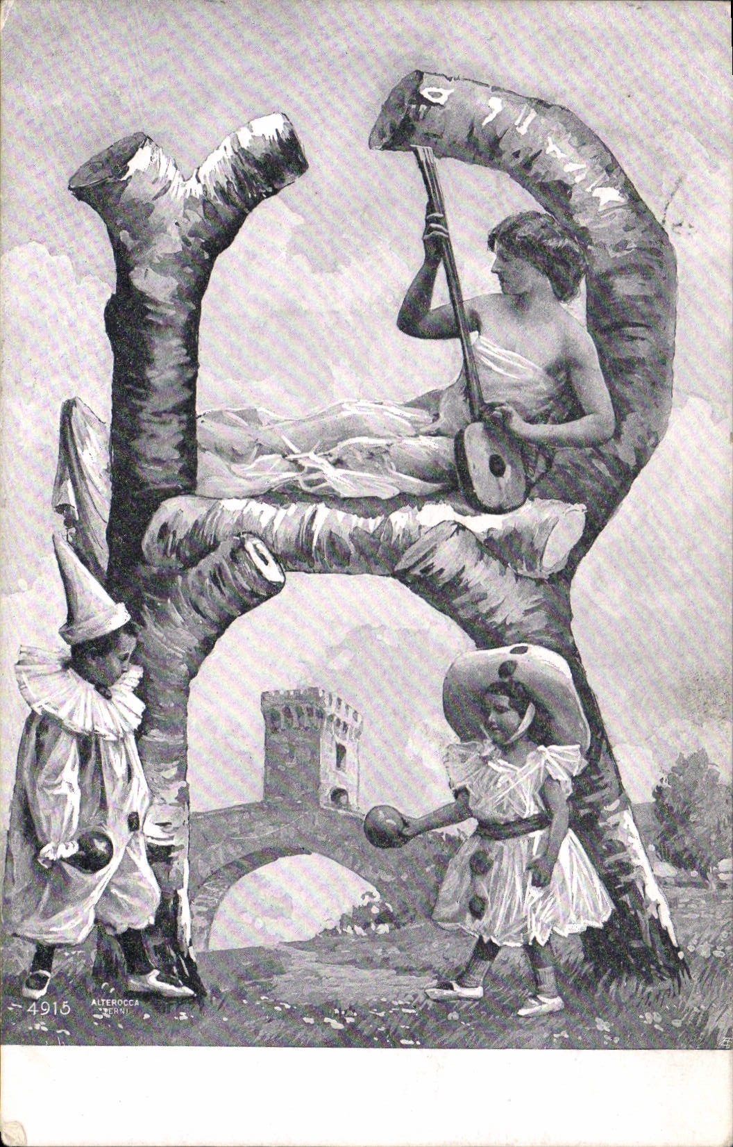 Vintage Postcard Fantasy Woman Letters Letter R Children Pierrot