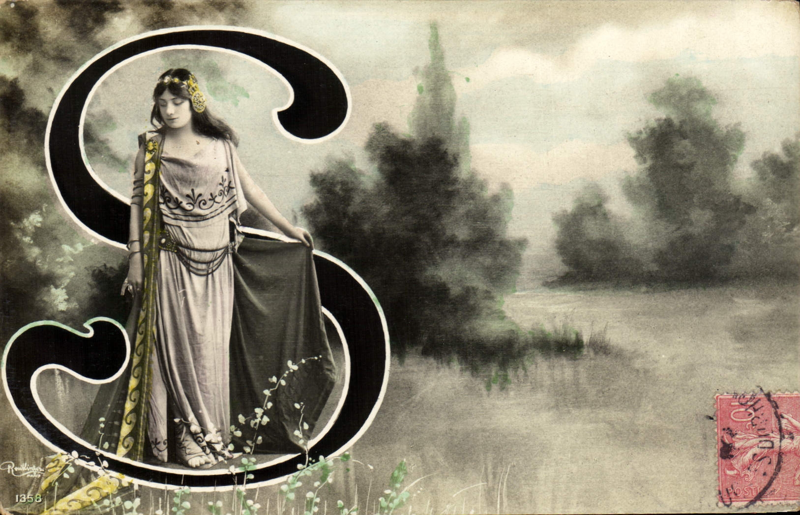 Vintage Postcard Fantasy Woman Letters Letter S