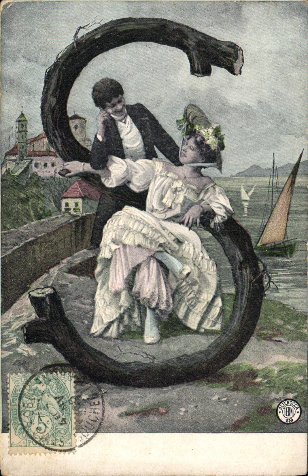 Vintage Postcard Fantasy Woman Letters Letter S Boat