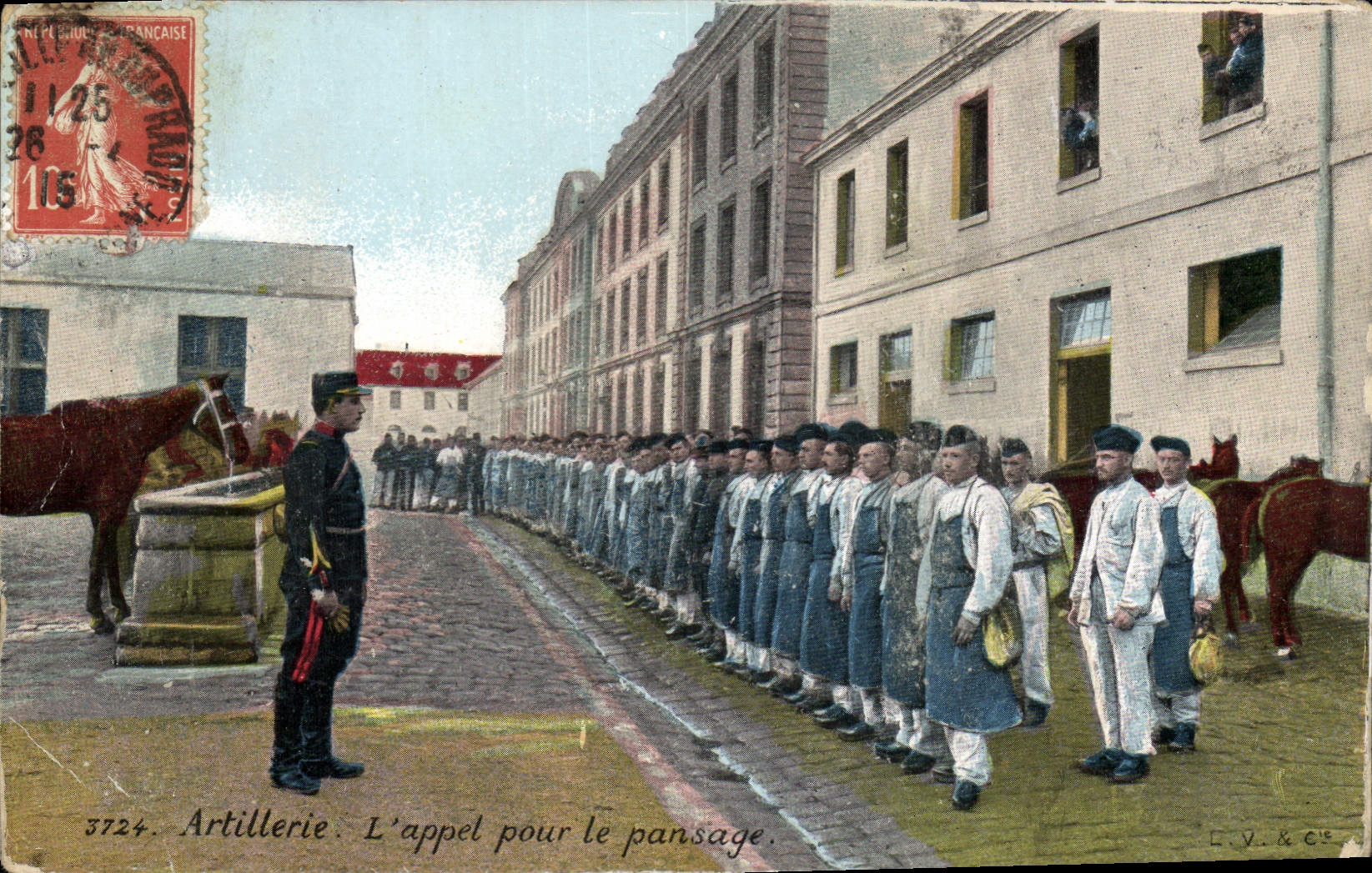 Postal Militaria Artillería la llamada para la limpieza Caballos