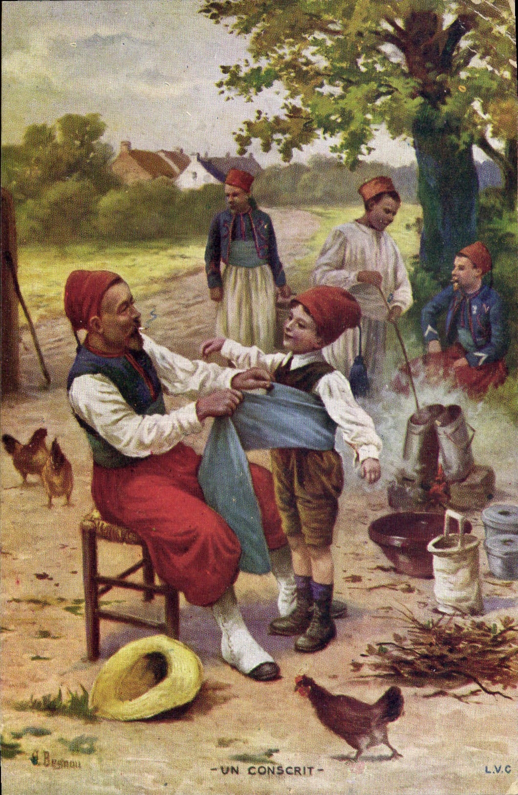 Vintage Postcard Militaria a conscript Child Hen