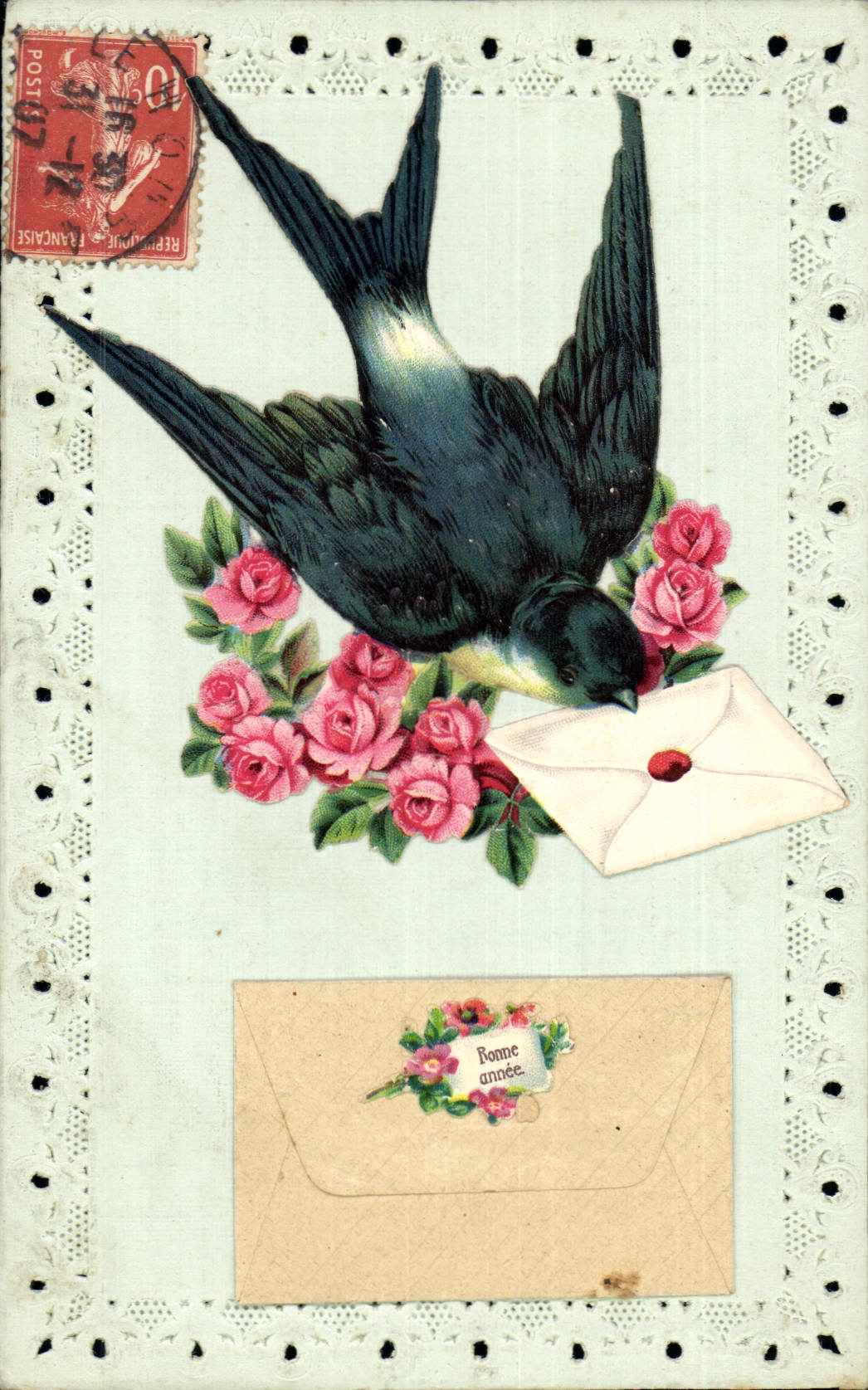 Vintage Postcard Brodee Fantasy Flowers Swallow