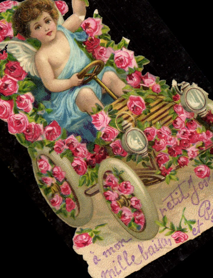 Vintage Postcard Fantasy Flowers Automobile Child Angel