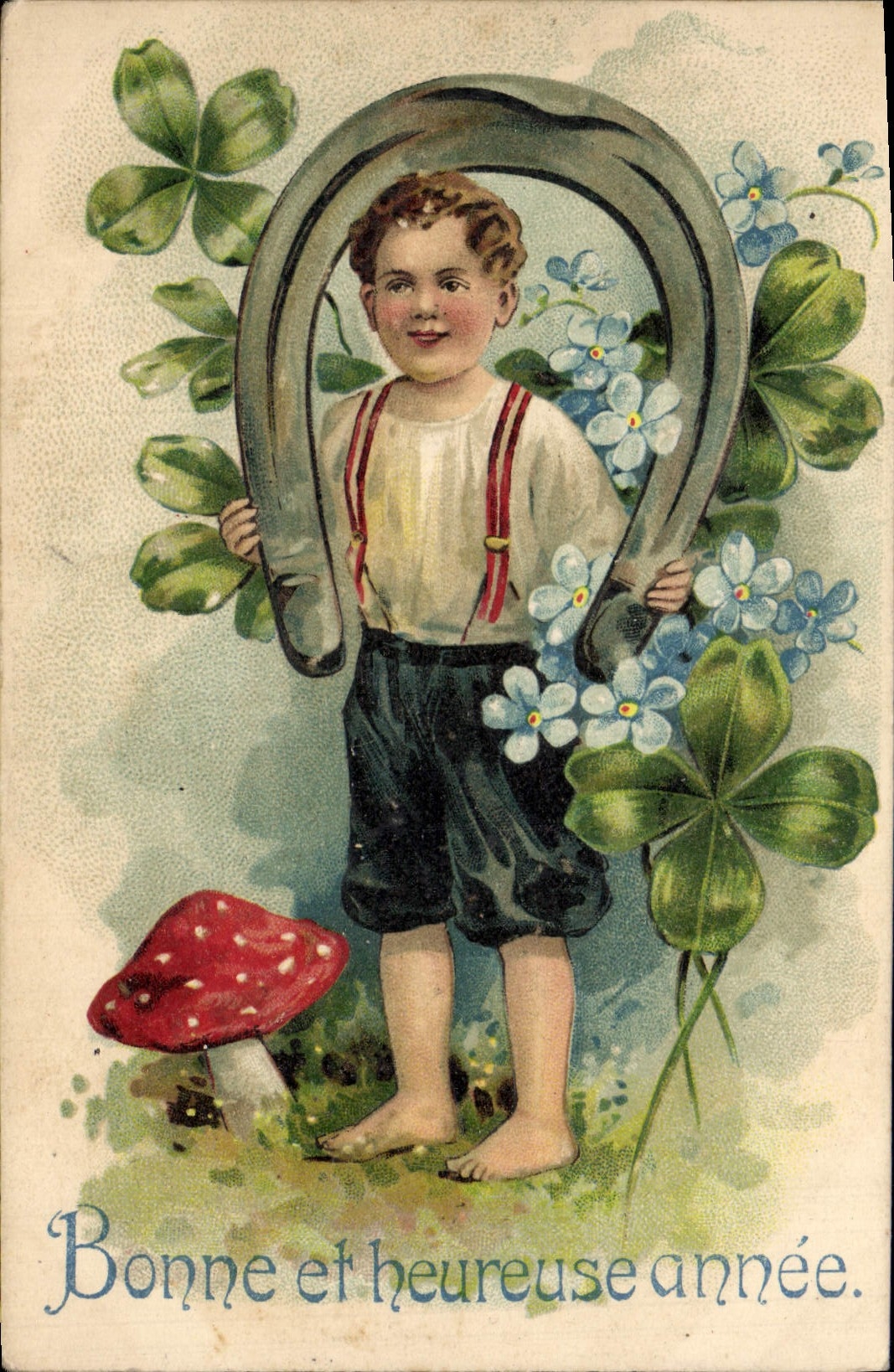 Vintage Postcard Fantaisie Flowers Child Clover Horseshoe