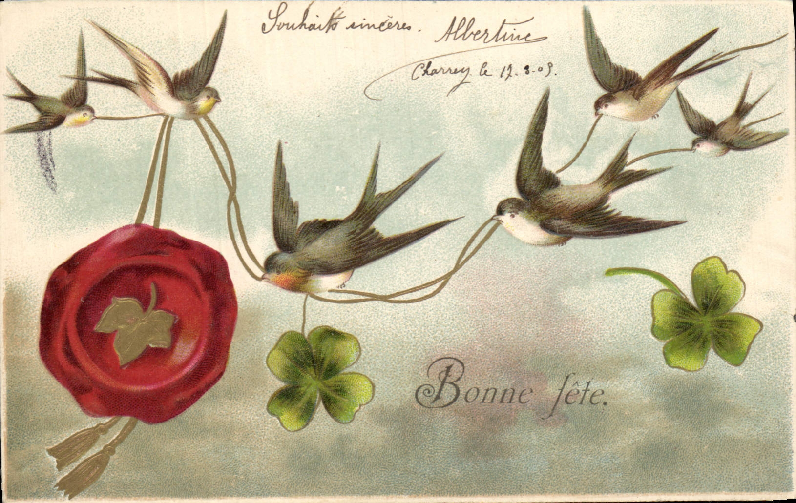 Vintage Postcard Fantasy Flowers Clover Swallows