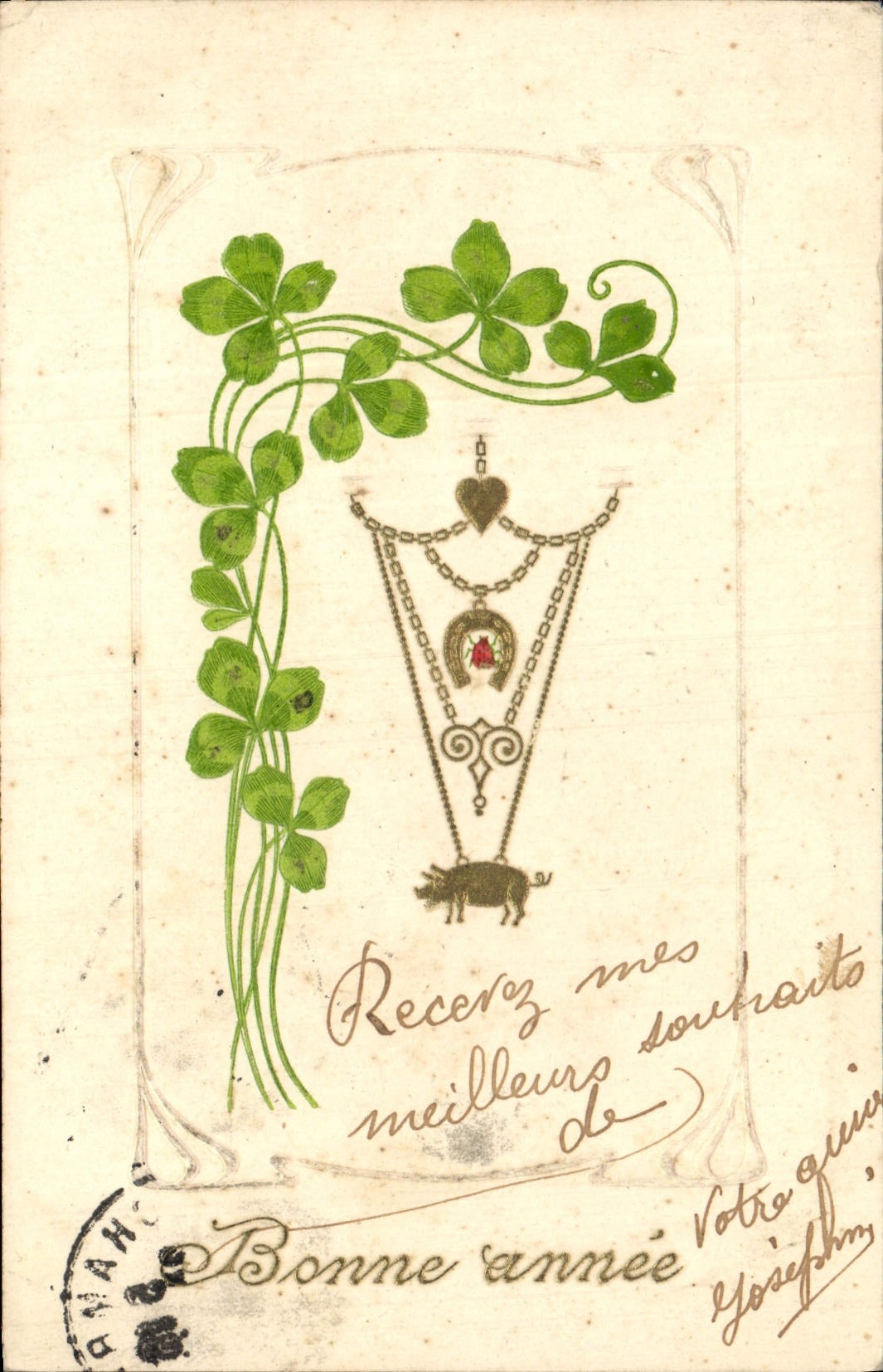 Vintage Postcard Fantasy Flowers Clover Pig Pig