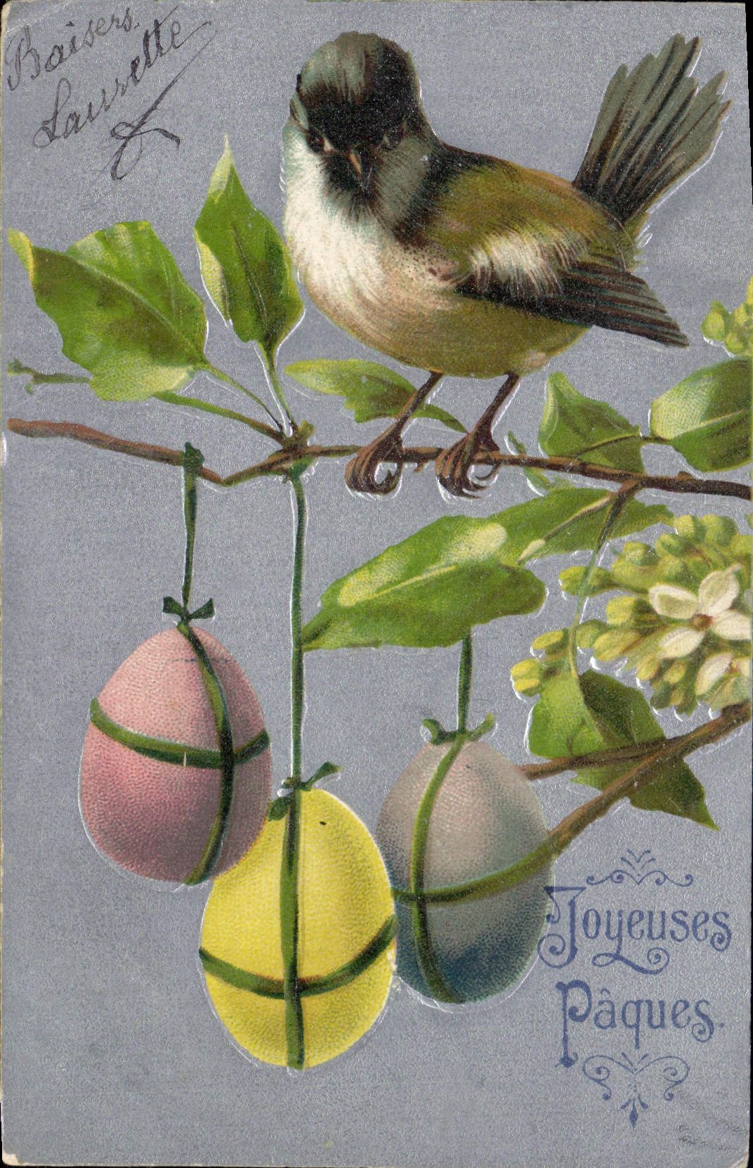 Vintage Postcard Fantasy Flowers Bird Easter eggs