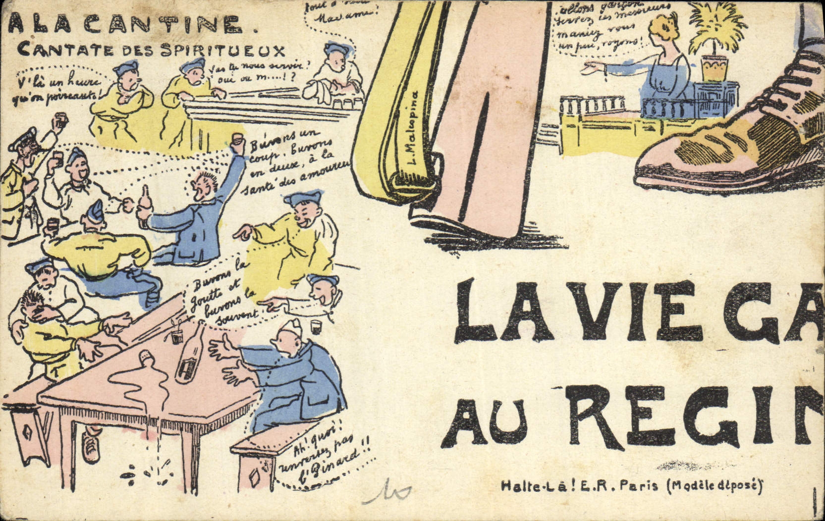 CPA Puzzle Militaria A la cantine Cantate des spiritueux