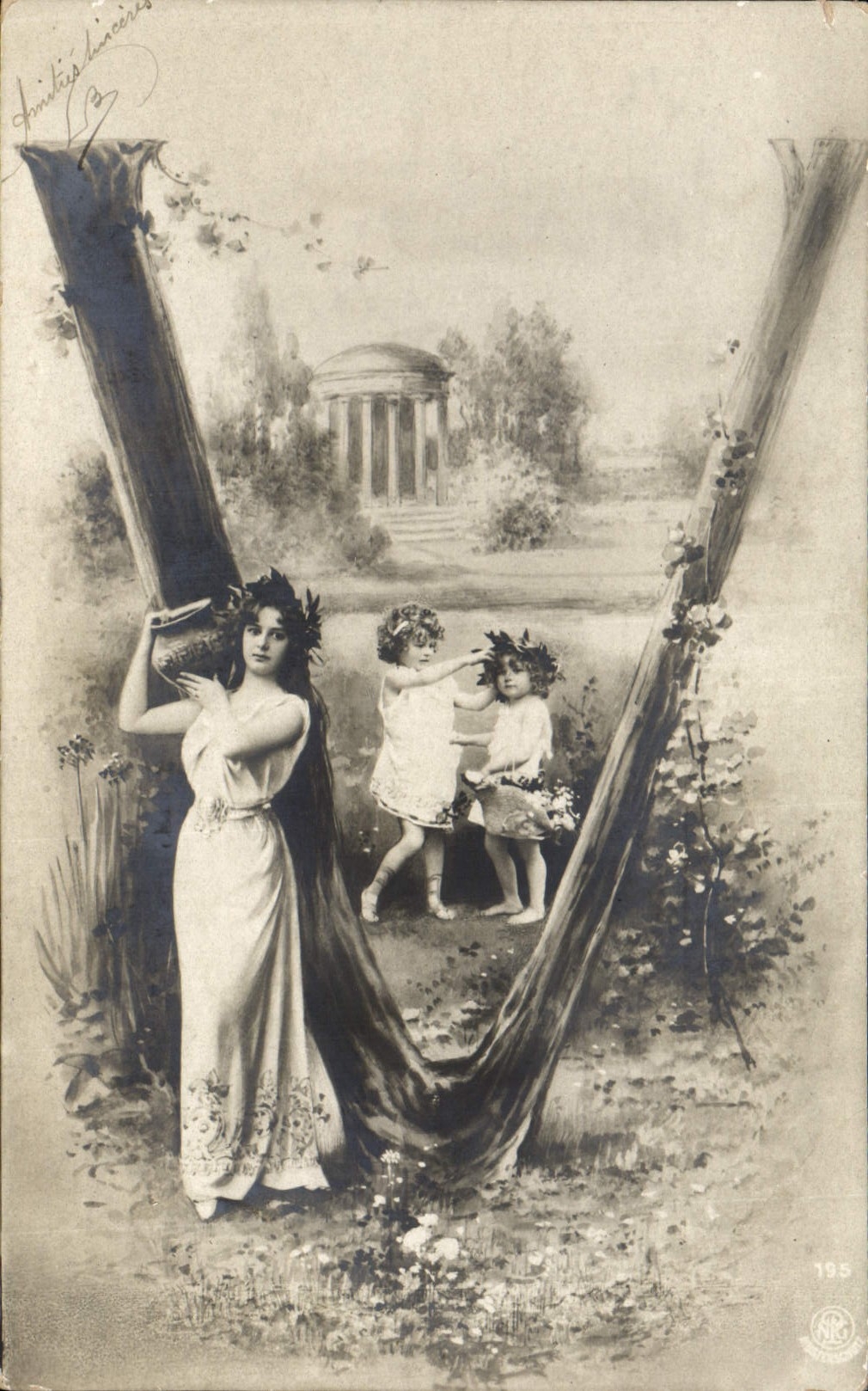 Vintage Postcard Fantasy Woman Letters Letter V