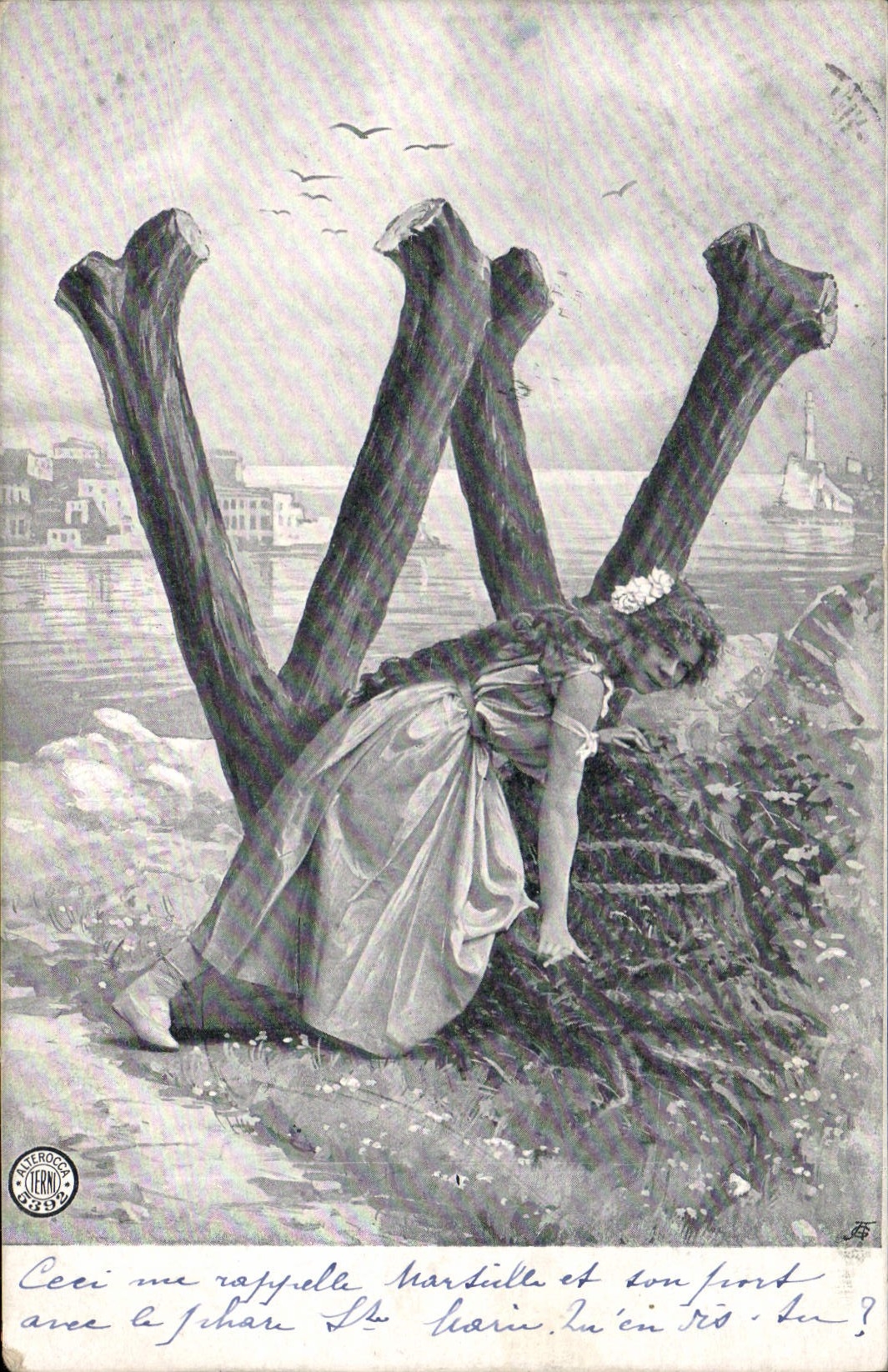 Vintage Postcard Fantasy Woman Letters Letter W