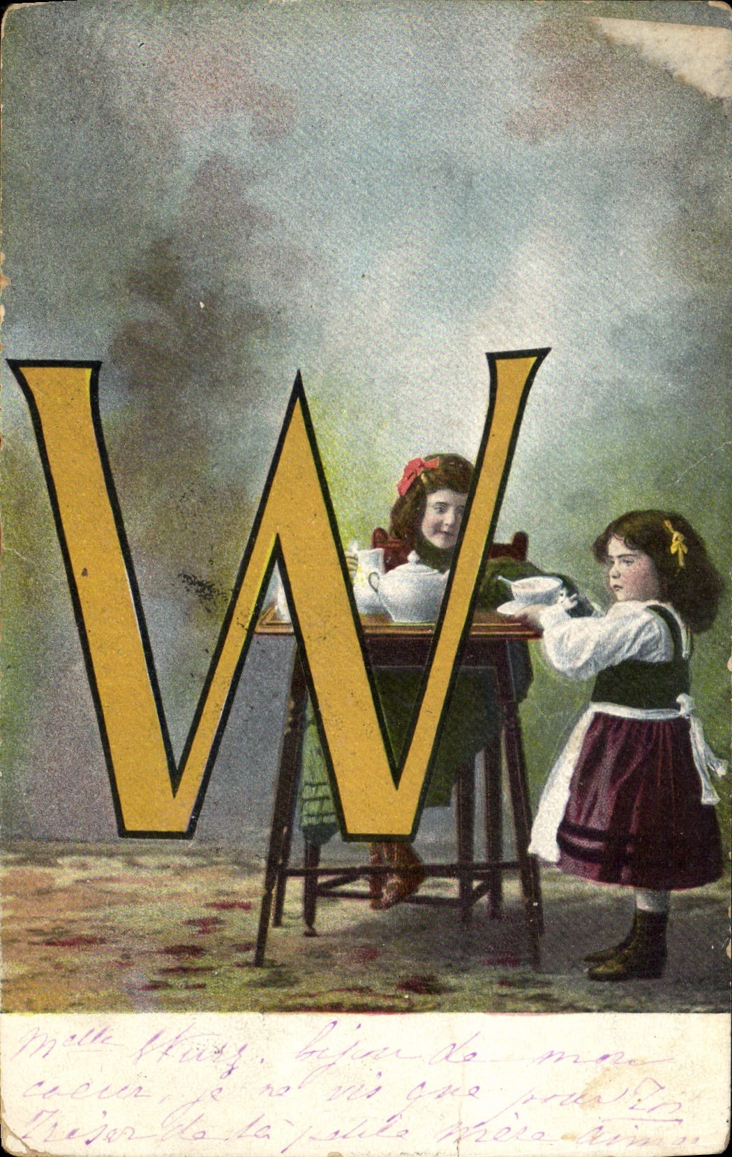 Vintage Postcard Fantasy Children Letters Letter W